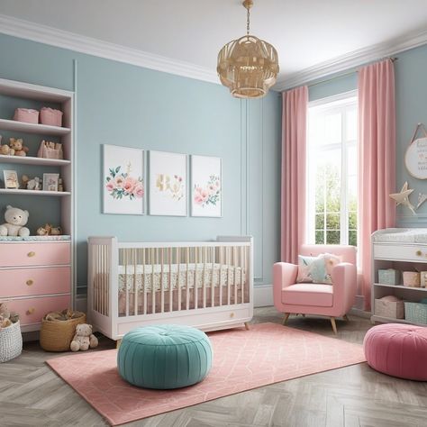 Welcome to the world, little one! This adorable nursery is bursting with love. We love the calming color palette, the playful mobile hanging above the crib, and the comfy chair for new parents. What details would you add to personalize your nursery? Like this post and tell us your ideas! Baby Blue Nursery Girl, Blue And Pink Nursery Girl, Girl Nursery Colors Palette, Pink And Blue Nursery Girl, Blue And Pink Nursery, Blue Girl Nursery, Pink And Blue Nursery, Blue Nursery Girl, Nursery Color Palette