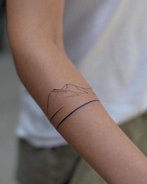 moon Arm Band Mountain Tattoo, Mountain Tattoo Arm Band, Mountain Wrap Tattoo, Mountain Arm Band Tattoo, Mountain Minimalist Tattoo, Arm Mountain Tattoo, Fineline Mountain Tattoo, Mountain Band Tattoo, Mountain Fine Line Tattoo