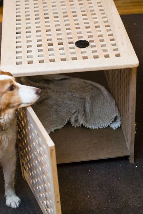 a tasteful dog crate you don't have to hide - IKEA Hackers Ikea Dog, Dog Crate End Table, Crate Bench, Dog Crate Table, Crate End Tables, Diy Dog Crate, Dog Kennel Cover, Dog Crate Cover, Crate Furniture Diy