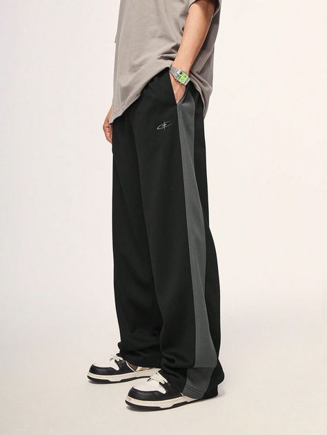 Black Casual Collar  Woven Fabric Colorblock,Letter Wide Leg Embellished Non-Stretch All Men Clothing Lowers Pants For Men, Shein Men Outfit, Men’s Pants, Tech Wear Men, Lower For Men, Black Sweatpants Men, Sweatpants Outfit Men, Men Track Pants, Pants Mens Fashion