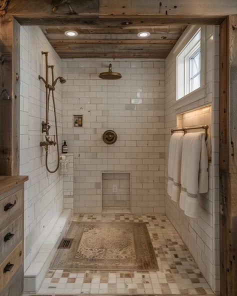 Farmhouse Master Bath Shower Ideas, Tile Walk In Shower Ideas, Small Mirror Wall Decor Ideas, Walk In Shower Remodel, Rustic Bathroom Shower, Elegant Bathroom Design, Showers Ideas, Inspiring Lifestyle, Bathroom Farmhouse