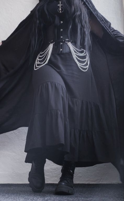 gothic outfit, fashion inspo :) corset, chainbelt, long skirt and cardigan Long Black Skirt Goth Outfit, Long Skirt And Cardigan, Goth Long Skirt, Gothic Cardigan, Skirt And Cardigan, Gothic Outfit, Goth Outfit, Corset Skirt, School Looks