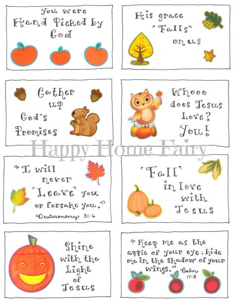 Adorable FREE Printable Inspirational Lunchbox Notes for Fall! Love these - could put on little gift bags for neighbors or even on the trick or treat candy! Kindergarten Calendar, Kids Lunch Box Notes, Fall Bible Verses, Happy Home Fairy, Christian Halloween, Trick Or Treat Candy, Christian Fall, Lunchbox Notes, Lunch Notes