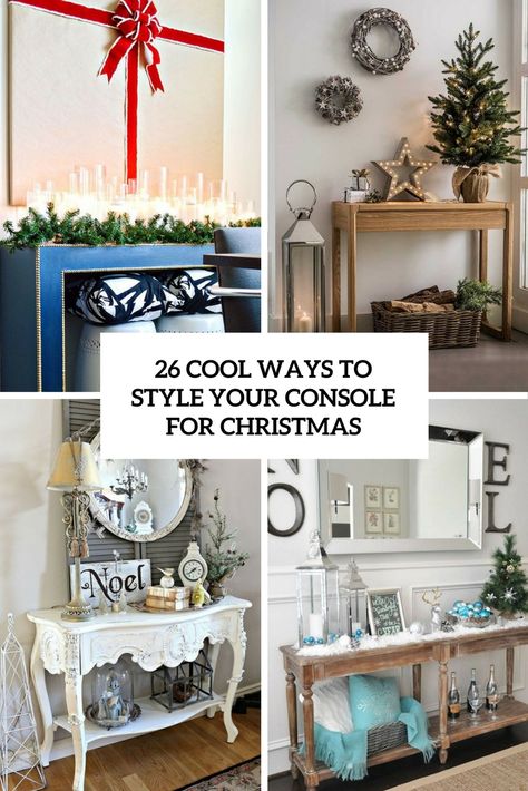 How To Decorate Tv Console, Console Table Decorating Under Tv, Entrance Table Christmas Decor, How To Decorate Console Table, How To Decorate A Console Table, Sofa Table Decor, Christmas Sofa, Christmas Entry, Entry Console Table