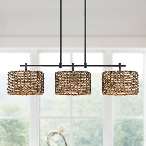 Kitchen Pendant Lights Not Over Island, Dining Table Lighting Rustic, Rattan Lights Over Kitchen Island, Farmhouse Linear Chandelier, Basket Dining Room Light, Wicker Kitchen Pendant Lights, Wicker Island Pendants, Light Fixture Above Dining Table, Boho Dining Room Chandelier