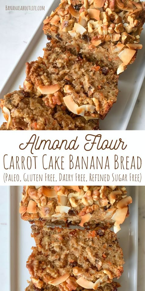 This healthy carrot cake banana bread is so moist and delicious! Tastes like carrot cake but its so easy to make and so healthy, you can eat it for breakfast! Made with almond flour and this banana bread is gluten free, paleo, dairy free and refined sugar free. Easy Gluten Free Desserts Almond Flour, Grain Free Banana Recipes, Grain Free Banana Bread, Almond Flower Banana Bread, Grain Free Sugar Free Dessert, Mealtrain Ideas, Paleo Banana Recipes, Almond Flour Carrot Cake, Banana Bread Almond Flour