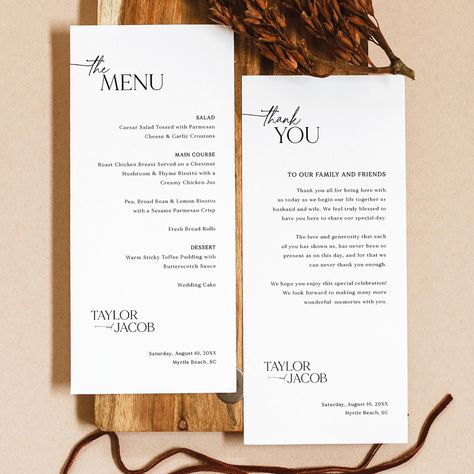 Wedding Menu & Thank You Card Template, Modern Classic, 4x9, DIY Menu Card, Editable, DIY Modern Thank You Card, Templett INSTANT Download Wedding Menu And Thank You, Diy Dinner Menu Cards, Diy Menu Cards, Diy Menu, Thank You Template, Modern Monogram, Wedding Menu Cards, Menu Card, Thank You Card Template