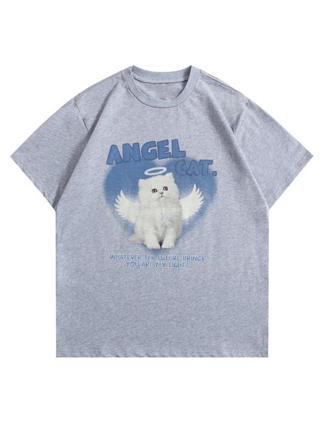 Dog Graphic Tee, Epic Clothes, Cat Angel, Y2k Graphic Tees, White And Black Cat, Summer Tee Shirts, Clothes Y2k, Virtual Wardrobe, Cat Themed Gifts