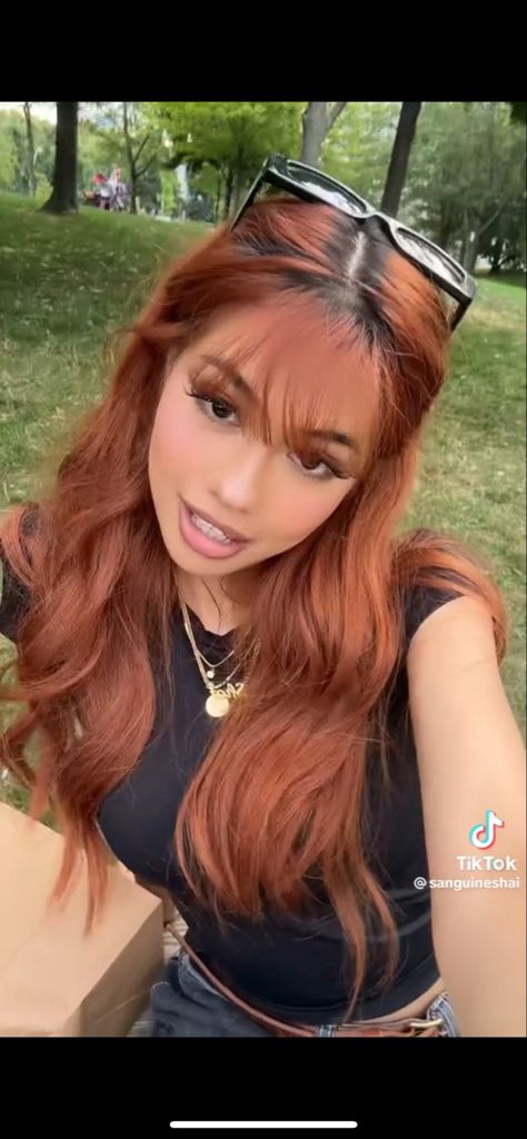 Ginger Head Aesthetic, Honey Red Hair Color Caramel Highlights, Cowgirl Copper Hair Dark Roots, Ginger With Dark Roots, Ash Ginger Hair, Copper Hair On Asian Women, Copper Hair Dark Skin, Muted Copper Hair, Ginger Hair On Brown Skin