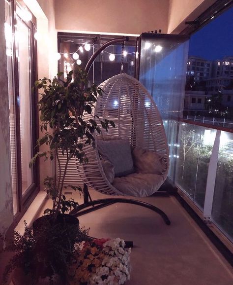 17 Stunning Small Balcony Decorating Ideas to Copy Hanging Chair In Balcony, Egg Chair On Balcony, Hammock Chair Balcony, Hanging Chair Balcony, Balcony Aesthetic Ideas, Swings For Balcony, Cozy Balcony Aesthetic, Hanging Chair In Bedroom Aesthetic, Swings In Balcony