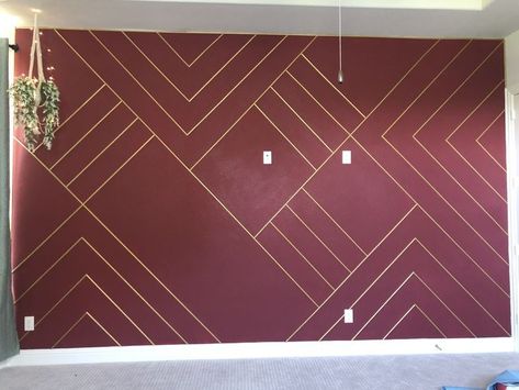 Stripped Wall Paint, Maroon Decor, Wall Panels Ideas, Wall Paint Colour Combination, Gold Painted Walls, Maroon Walls, Gold Wall Decals, Gold Accent Wall, Boy Room Paint