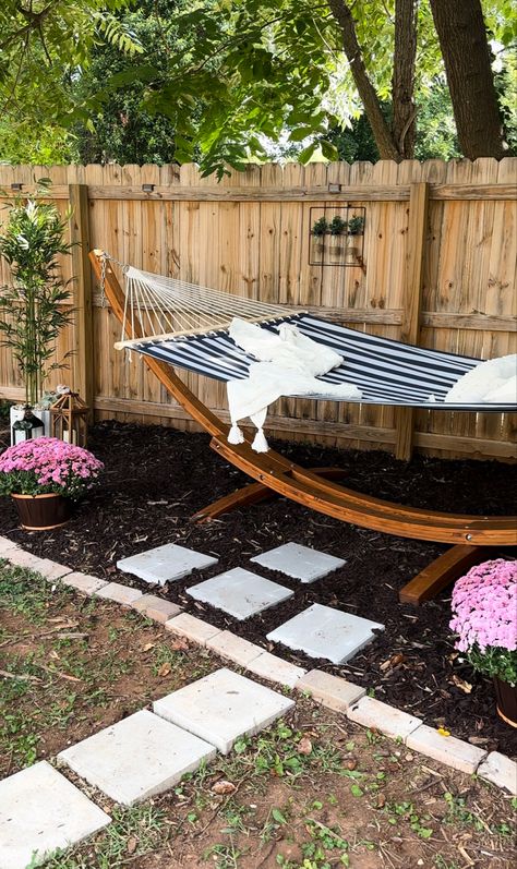 Small Backyard Hammock Ideas, Hammock In Corner Of Yard, Freestanding Hammock Outdoor, Outside Hammock Area, Hammock On Patio, Yard Hammock Ideas, Hammock Area Backyard, Hammock By Pool, Corner Hammock Outdoor