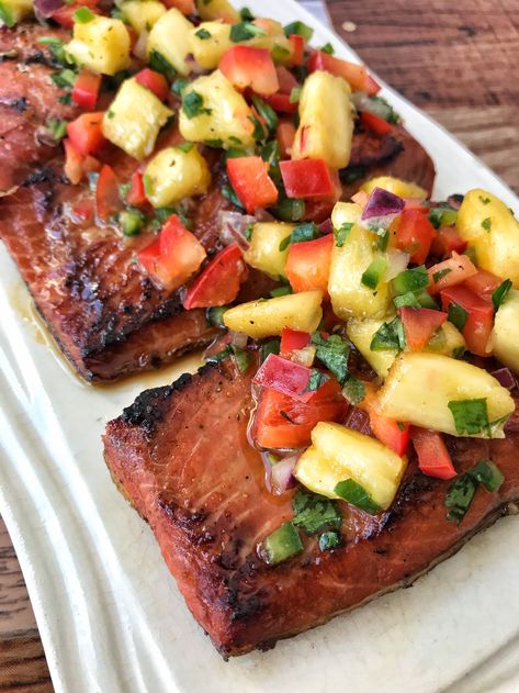 Pineapple Salsa Salmon, Salmon Recipes Pineapple, Salmon With Pineapple Recipes, Salmon And Pineapple Recipes, Pineapple Salsa For Fish, Rosemary Ranch Chicken, Ranch Chicken Kabobs, Salmon With Pineapple Salsa, Salmon Pineapple