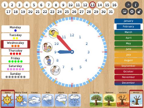 Niki Time ($3.99) a clock/calendar learning tool. Help children approaching the time concept: hours, dates, days, months, seasons & weather. Colors used to distinguish days, months, seasons, & make clock easy to read. The clock face in two formats: 12 or 24 hrs. Seasons beginning is configurable based on where you live. Within the clock face is possible to add some pictograms to schedule common activities. Pictograms can be selected from the included library or photos. Dr Seuss Bulletin Board, Abstract Thinking, Time Concept, Math Apps, Scheduling App, Visual Strategy, Kids Math, Childcare Activities, Weather Activities