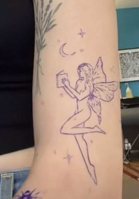 Fairy Tattoo With Curly Hair, Fairy With Books Tattoo, Lavender Fairy Tattoo, Fairy Reading A Book Tattoo, Flower Fairy Tattoo, Faerie Tattoo, Reading Tattoo, Character Customization, Doodle Books