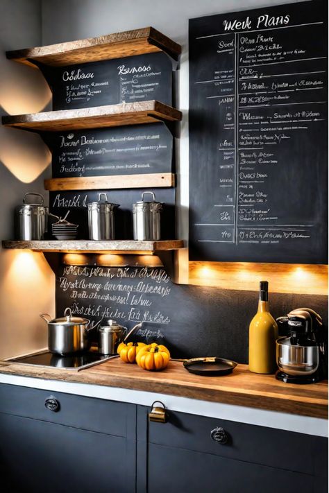 A kitchen with a variety of hanging planters and greenery decorating the walls. Kitchen Wall Chalkboard Ideas, Extra Kitchen Wall Space Ideas, Black Wall Kitchen, Kitchen Decorating Ideas Wall, Kitchen Chalkboard Ideas, Chalkboard Backsplash, Empty Kitchen Wall, Feature Wall Kitchen, Kitchen Chalkboard Wall