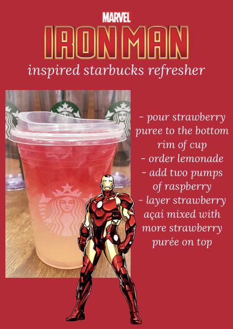 marvel’s iron man inspired starbucks refresher, starbucks secret menu Marvel Inspired Starbucks Drinks, Starbucks Secret Menu Recipes Refreshers, Spiderman Starbucks Drink, Marvel Inspired Food, Character Inspired Starbucks Drinks, Marvel Starbucks Drinks, Disney Starbucks Secret Menu Drinks, Anime Inspired Starbucks Drinks, Disney Starbucks Drinks Recipes