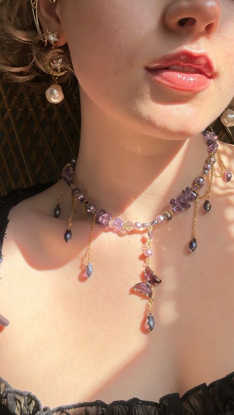 Purple night fairy necklace from ayselia jewelry Princess Necklace Aesthetic, Whimsical Wedding Jewelry, Ingenue Jewelry, Ethereal Jewelry Aesthetic, Purple Jewelry Aesthetic, Whimsigothic Style, Ethereal Accessories, Fairy Core Necklace, Fairy Core Jewelry