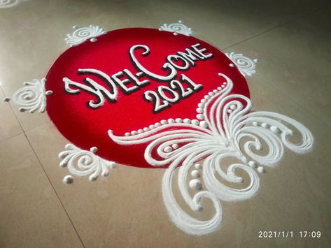 Simple Welcome Rangoli Design, Indian Rangoli Designs Simple, Rangoli Designs Videos, New Year Rangoli Designs, Ready Rangoli, Doctor Painting, Welcome Rangoli, Rangoli Designs For Competition, New Year Rangoli