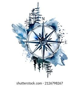 Nautical Painting Ideas, Vintage Compass Tattoo, Double Exposure Tattoo, Watercolor Compass Tattoo, Northern Lights Tattoo, Alaska Tattoo, Compass Art, Drawing Scenery, Vaporwave Art