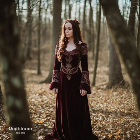 Dress made for inspiration with ai #elvendress #fairydress #forestcore #forestwedding #celtic #viking #medieval Medieval Bridesmaid Dresses, Witchy Dresses Formal, Armstreet Dress, Narnian Dress, Middle Age Dress, Warrior Queen Dress, Medieval Clothing Royal, Medieval Dress Aesthetic, Celtic Dresses