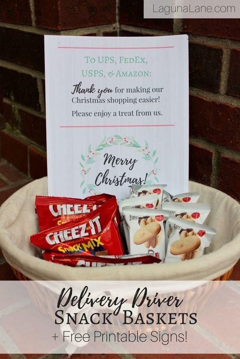 Put a basket of delivery driver snacks on your porch this holiday season to say thank you for all of the deliveries! Plus free printable thank you signs!  It's a great Christmas service project! Snacks For Delivery Drivers, Delivery Driver Snack Basket, Christmas Service Projects, Christmas Snacks Easy, Thank You Baskets, Snack Basket, Snack Station, Christmas Service, Thank You Sign