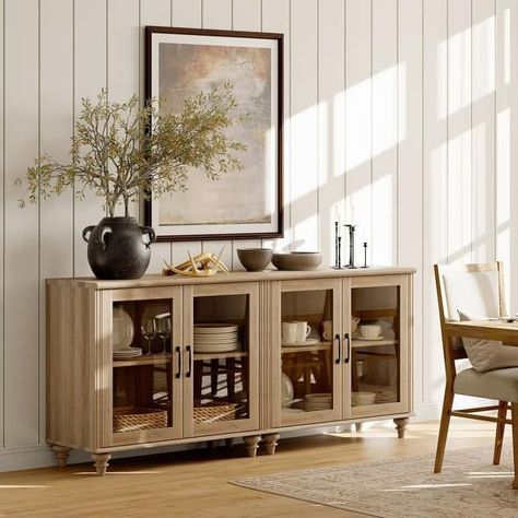 Kitchen Sideboard Buffet Cabinet, Glass Display Cabinet with Storage - Bed Bath & Beyond - 37630009 Kitchen Buffet Cabinet, Sideboard Dining Room, Decoration Buffet, Rustic Sideboard, Sideboard Decor, Buffet Decor, Dining Room Sideboard, Cabinet Glass, Wide Sideboard