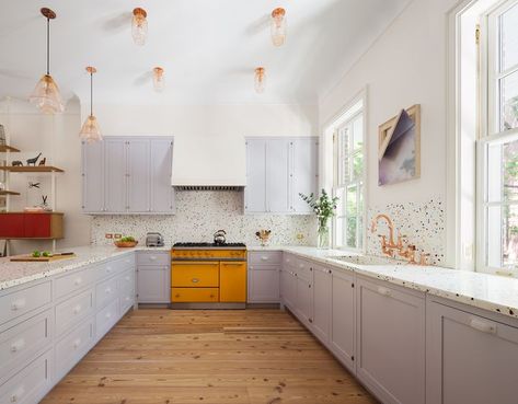 Lilac Kitchen, Can Lighting, White Countertop, Kitchen New York, Gray Cabinets, Emily Henderson, Innovative Ideas, Kitchen Remodeling, Purple Gray