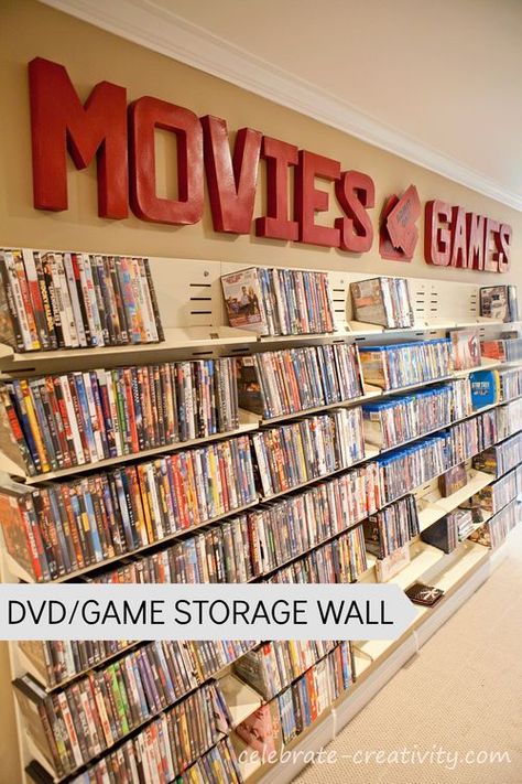 DVD/Video Game Storage Wall.  A wasted basement aisle is transformed into fun, usable space and storage. Movie Library Room, Vhs Storage Ideas, Vhs Storage, Dvd Wall, Huge Basement, Dvd Storage Ideas, Pallet Shelving, Movie Library, Basement Hallway