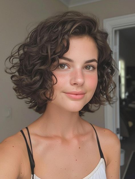 Chin Length Curly Hair With Curtain Bangs, Fine Curly Short Hair, Wash And Go Curly Hair Styles, Haircuts For Short Length Hair, Curly Bob Haircut With Bangs, Short Naturally Curly Hair Styles, Short Medium Haircuts, Haircuts For Wavy Hair Short, Short Hair For Curly Hair