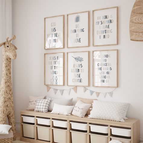 Add a touch of faith to your little one's space with this charming set of 6 kids' Bible verse wall art pieces. Featuring the comforting words The Lord is my shepherd, this Biblical Christian nursery decor bundle in neutral blue and gray tones is perfect for Sunday School or Church nursery settings. Each piece is beautifully designed to inspire and uplift, making it a wonderful addition to any child's room. Let these words of wisdom adorn your walls and fill your space with love and peace. 🎈DIGI Church Nursery Decor, Christian Nursery Decor, Christian Nursery, Neutral Blue, Bible Verses For Kids, Church Nursery, Kids Bible, Kids Ministry, Gray Tones