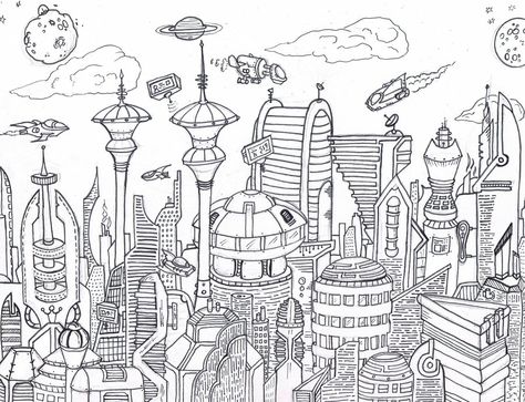 Future Drawing Ideas, Future City Illustration, Future City Drawing, Cyberpunk Art Futuristic Architecture, Future City Concept, Urban Fantasy Art, Future Drawing, Drawing City, World Drawing