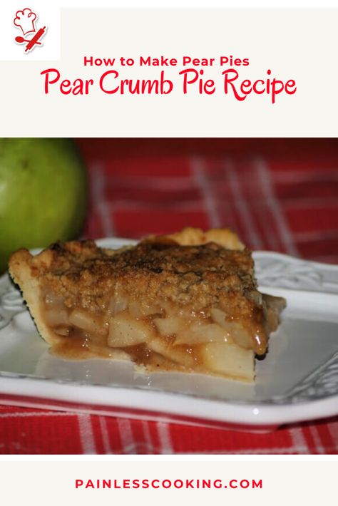 Learn how to make pear pies like this recipe for pear crumb pie. Combine the ingredients for the crust and place in a 9 inch pie pan. Combine ingredients for filling, spoon into crust and bake for 25 minutes. Combine ingredients for topping, sprinkle on top of pie and bake 30 to 35 minutes longer. Pear Gingerbread, Pear Tart Recipe, Pear Pie Recipe, Hazelnut Tart, Pear Dessert Recipes, Crust Designs, Crumb Pie, Pie Crust Designs, Caramel Pears