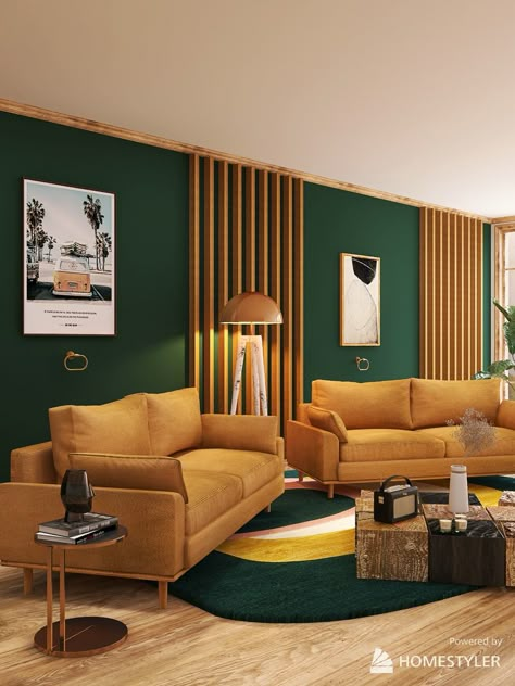 Settle into the coziness of a mustard-colored couch, surrounded by the soothing tones of lush green and peachy yellow. The room's understated abstract design, complemented by soft lighting, invites you into a quietly alluring and comfortable retreat. #HomeComfort #SubtleElegance #CozyRetreat #MustardCouch #TranquilLiving #SoftLighting #PeacefulPalette #InteriorDesign #WarmHues #AbstractDecor #livingroomdesign #homedesign #decor Emerald Green And Mustard Living Room, Green Mustard Living Room, Brown And Yellow Living Room Ideas, Mustard Yellow Couch Living Rooms, Mustard And Green Living Room, Green And Mustard Living Room, Yellow Green Living Room, Mustard Sofa Living Room Ideas, Mustard Couch