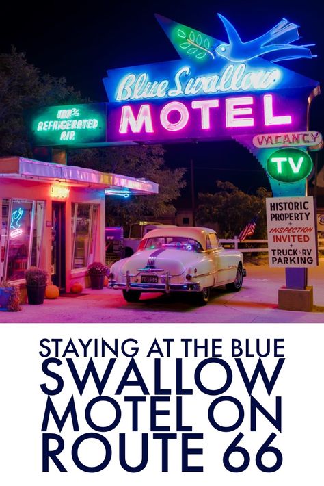 Blue Swallow Motel, Route 66 Trip, Motel Sign, Blue Swallow, Tray Tables, Route 66 Road Trip, Nevada Travel, Travel Oklahoma, Roadside Attractions