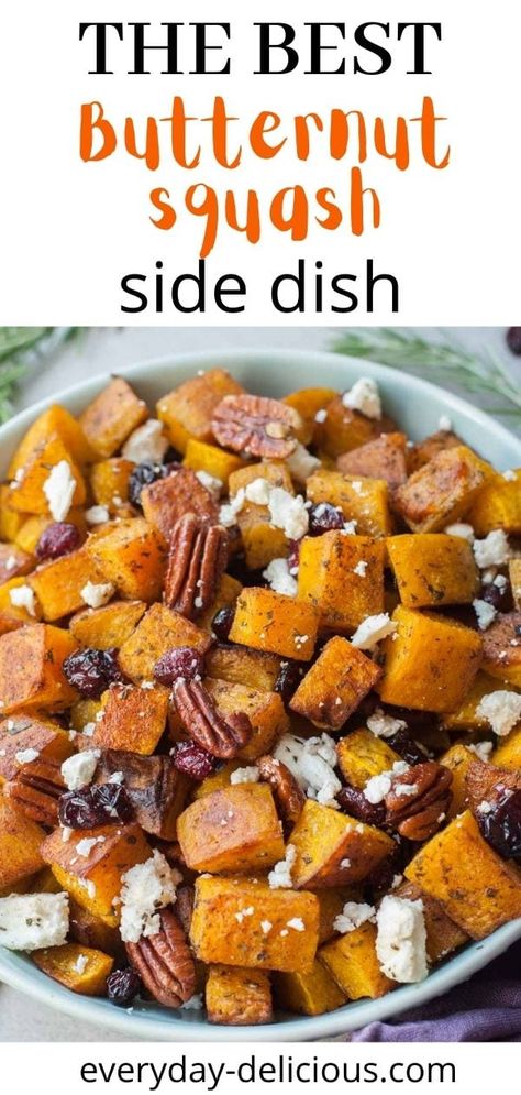 Christmas Butternut Squash Recipes, Butternut Squash Rosemary Recipes, Roasted Butternut Squash Casserole, Roasted Butternut Squash With Feta, Christmas Butternut Squash, Butternut Squash With Cranberries, Butternut Squash Feta, Butternut Squash Side Dish, Rosemary Pecans