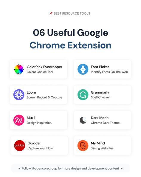 Transforming your browsing experience with these handy Google Chrome extensions!💡 . ColorPick Eyedropper .Font Picker .Loom .Muzli .Dark Mode .Guidde .My Mind .Grammarly If you found this helpful, follow us @opencoregroup for more design & development content. #ui #uiux #uiresource #uitips #uxtips #googledesign #uidesign #uxdesign #uiuxdesign #designertools #extensions Google Chrome Extensions, Chrome Extensions, Chrome Extension, Dark Mode, More Design, Google Chrome, Design Development, Ui Design, My Mind