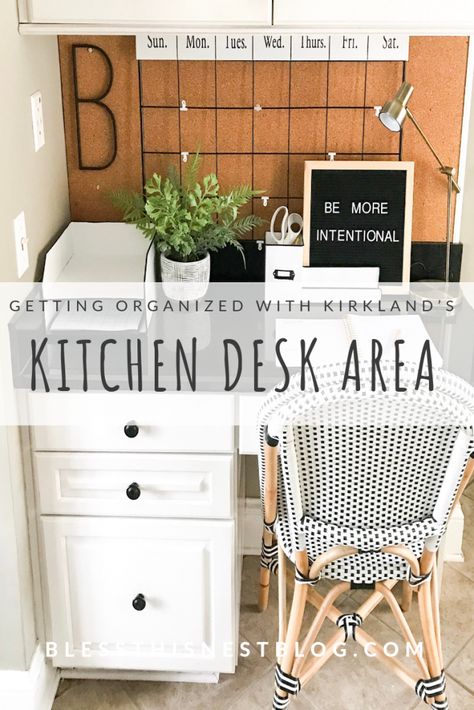 Desk Area Organization, Kitchen Desk Area, Desk Chair Ideas, Kitchen Office Nook, Kitchen Desk Organization, Small Desk Area, Kitchen Desk Areas, Organization Goals, French Bistro Chairs