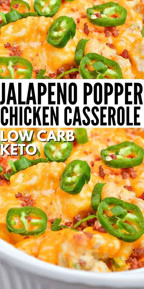 Low Carb Jalapeno Popper Chicken Casserole - Add some heat to the dinner table! Keto jalapeno popper casserole bursts with spicy flavor and creamy chicken, topped with crispy bacon. #lowcarb #lowcarbdiet #Lowcarbjalapenopoppercasserole #jalapenopopperchickencasserole #jalapenopopper #chickencasserole #chicken #casseroles #dinnerideas #food #recipes Jalapeño Popper Chicken Bake With Broccoli, Fresh Jalapeno Recipes Healthy, Jalopena Popper Chicken Casserole Recipe, Jalapeño Chicken Casserole, Keto Jalapeno Popper Chicken, Keto 2023, Popper Chicken Casserole, Keto Jalapeno, Low Carb Chicken Casserole