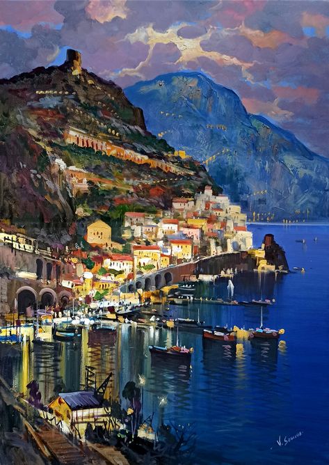 Amalfi Painting, Amalfi Italy, Italian Paintings, Italy Painting, Italian Landscape, Night Fishing, Italian Painters, Southern Italy, Impressionist Paintings