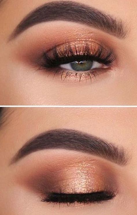 Gold And Brown Eyeshadow Looks, Bridesmaid Makeup Bronze, Wedding Makeup Gold Eyeshadow, Copper Makeup For Blue Eyes, Rust Colored Makeup, Makeup For Copper Dress, Autumn Wedding Makeup Brown Eyes, Bronze Dress Formal, Terracotta Eye Makeup