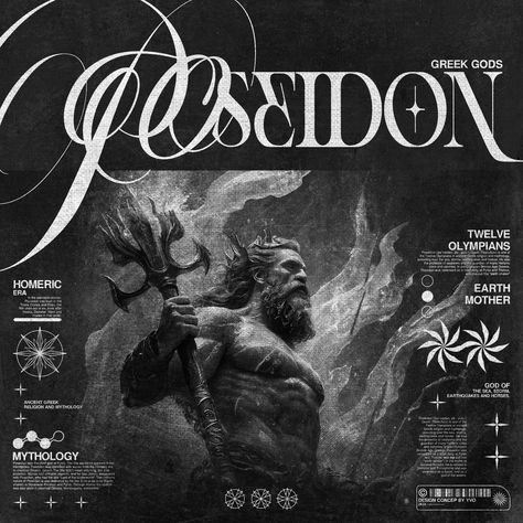 Greek Gods "Poseidon" DESIGN SERIES : MYTHOLOGY (PART 1) image by pinterest ib @rynnark Tags: #yvodesign #graphicdesign #grvphicworld #digitalarchive #graphicartist #graphicdesignerindonesia #poster #postereveryday #typography #fkndesign #artoftheday #visualgraphic #designcommunity #itsnicethat #icographica #designinspiration #explorepage #collectgraphics #designforgood #dopedddesign #creativity #albumartattack #fruitsartclub #archivesarea #typographic #coverart #magazinecover #mythologyart Greek Mythology Graphic Design, Mythology Graphic Design, Frasurbane Graphic Design, Greek God Poster, Poseidon Design, Greek Mythology Poster, Urban Logo, Animation Types, Gold Wallpaper Background