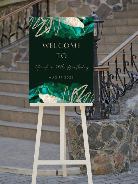 Editable green and gold birthday welcome sign, perfect for your next birthday party or birthday dinner. This welcome to sign can be edited yourself using Canva. Print at home or take completed file to your local print shop and have them print. Print size is 18x24. All the wording is editable. Details: green and gold birthday party welcome sign, with abstract watercolor design. Wording can be changed to accommodate all the great milestone birthdays such as 18th birthday 21st birthday, 30th birthd Green Black And Gold Party Decor, Green And Gold Birthday Party Decor, Green And Gold Party Decorations, Green And Gold Birthday, White And Gold Birthday, Welcome To Sign, Birthday 21st, Birthday Welcome Sign, Party Welcome Sign