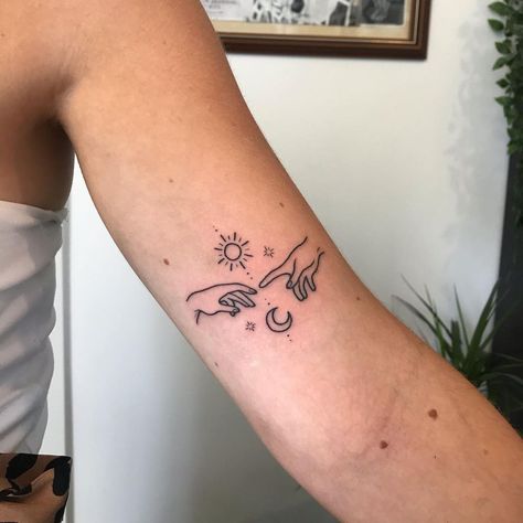 The Creation Of Adam Tattoo, Creation Of Adam Tattoo, Adam Tattoo, Patchwork Tattoos, Self Love Tattoo, The Creation Of Adam, Underboob Tattoo, Sun Tattoos, Gods Hand