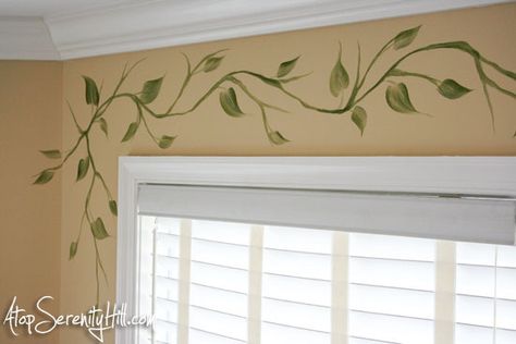 Leaf Wall Painting Ideas, Hand Painted Vines On Walls, Leaves On Wall Painting, Painting Vines On Wall, Leaves Painted On Furniture, Vines Painted On Furniture, Wall Border Painting Ideas, Vine Painting On Wall, Hand Painted Walls Diy