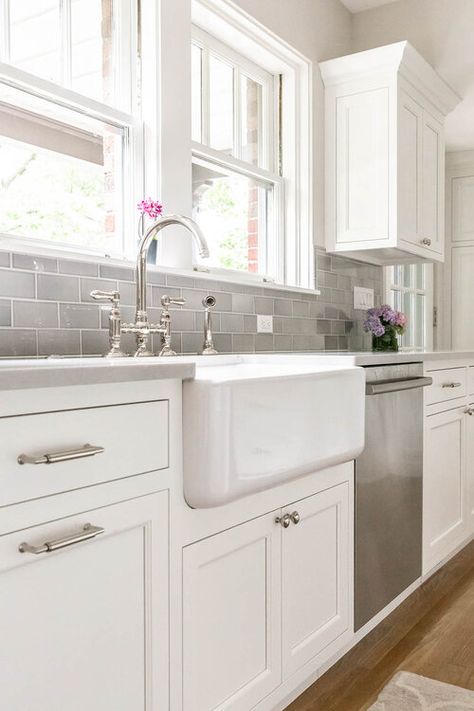 White Kitchen With Farmhouse Sink, Rohl Bridge Kitchen Faucet, Bridge Faucet Farmhouse Sink, White Cabinets Polished Nickel Hardware, Kitchens With Polished Nickel Hardware, White Cabinets Nickel Hardware, Farmhouse Sinks Kitchen White, Farmhouse Sink With White Cabinets, Polished Nickel Kitchen Hardware