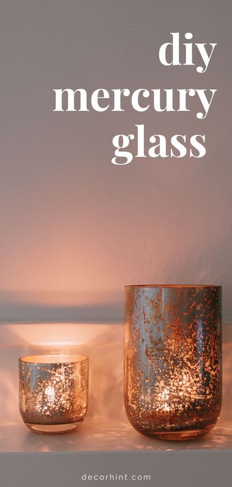 Get my easy tutorial for DIY mercury glass! This version includes both mercury glass gold and silver. You can apply this technique to create mercury glass mirrors, vases, ornaments, and votives, as well as Dollar Store items (like I did here!) Perfect for the holidays, but these look good all year round. Don't spend a ton of money on fancy versions, you can make this happen. #mercuryglassdiy #diycrafts #mercuryglass #dollarstore #dollartree #diyhomedecor #spraypaint Diy Mercury Glass Vase, Mercury Glass Mirror, Mercury Glass Diy, Mercury Glass Candle Holders, Mercury Glass Candles, Mercury Glass Vase, Glass Vase Decor, Mercury Glass Votives, Painted Glass Vases