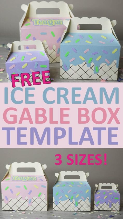 Ice Cream Gable Box Template Favor Box Template Free, Gable Box Template Svg Free, Paper Cake Box Template, Gable Box Party Favors, Clear Gable Box Ideas, Cricut Favor Boxes, Gable Box Template Free Printable, Free Box Svg, Boxes Cricut