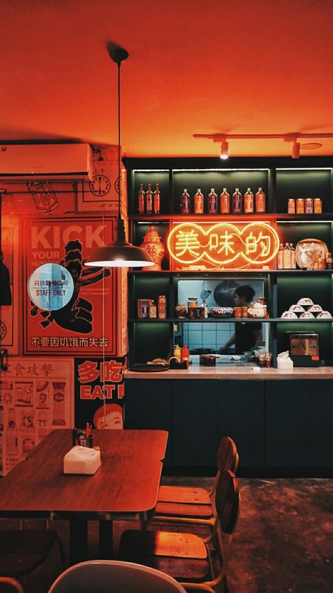 Hongkong Restaurant Interior Design, Blue And Orange Restaurant, Street Food Interior Design, Asian Street Food Restaurant Design, Asian Street Food Design, Neon Restaurant Interior, Korean Restaurant Interior Design, Korean Cafe Interior Design, Korean Restaurant Interior