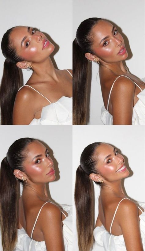 Sleek Ponytail Brunette, Slick Back Ponytail Going Out, Ponytail Pictures Instagram, Ponytail Hairstyles Night Out, Slick Back Hairstyles Going Out, Slick Back Poney, Brunette Slicked Back Hair, Clean Girl Slick Back Ponytail, Slick Back Hairstyles Aesthetic